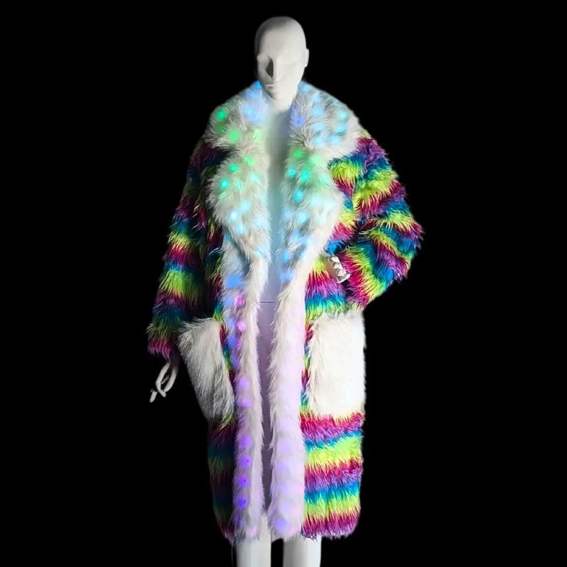 Neon Cowboys LED faux fur trench coat on a mannequin, rainbow fur with glowing white lapels and a colorful light pattern, luxury light up jacket festival outerwear for Burning Man parties, Mardi Gras, raves and Halloween in any city, Neon Cowboys