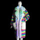 LED Faux Fur Trench Coat with Rainbow Light Pattern - White Furry Jacket with Colorful Illumination - Luxury Festival Outerwear for Burning Man Parties Mardi Gras Halloween in any City