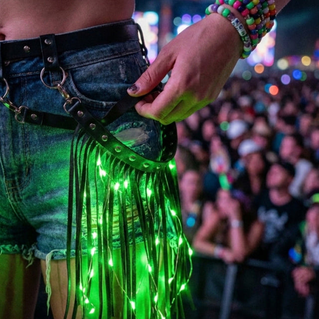 Close-up of denim shorts with a black LED fringe garter belt glowing green in a festival crowd, a light up garter and glowing fringe thigh accessory for festival dancers, go-go dancers and rave performers, perfect for music festivals, EDM concerts, raves and Coachella, Neon Cowboys