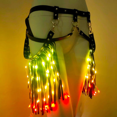 LED Fringe Garter Belt in rainbow gradient lights - Glowing thigh accessory for music festivals, Halloween costumes, Pride parades and New Year's Eve parties