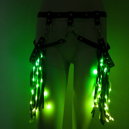 Green LED Fringe Garter Belt on display - St. Patrick's Day party accessory with glowing fiber optic fringe for themed celebrations