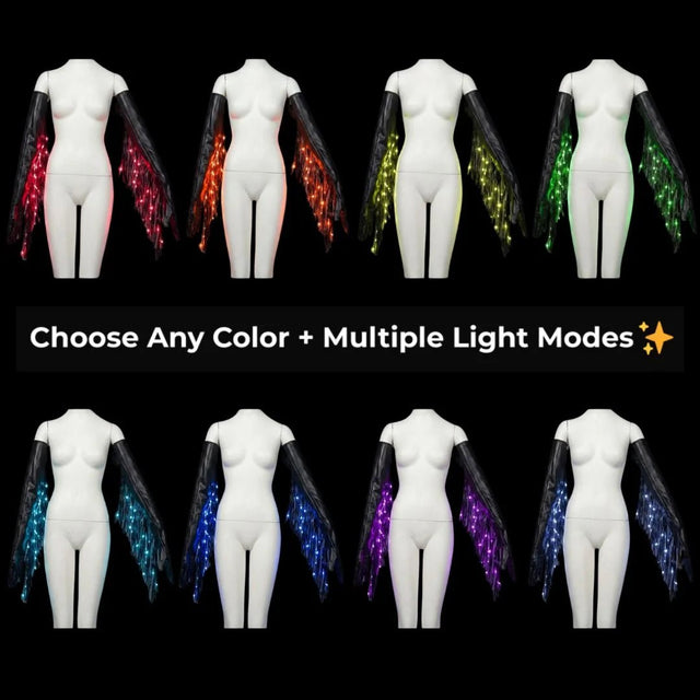LED Fringe Gloves in 8 color options — color-changing light-up opera gloves with glowing fringe and multiple light modes for festivals, raves and performers.