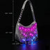 Silver LED fringe purse glowing pink and blue with dimension measurements labeled, a color-changing light up purse and light up fanny pack alternative perfect for raves, EDM concerts, festivals and nights out, Neon Cowboys