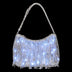 Silver LED fringe purse glowing white on a chain strap against black, a glowing light up purse and clear-bag concert alternative perfect for raves, music festivals, concerts and disco cowgirl nights out, Neon Cowboys