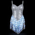 LED Fringe Sequin Dress by Neon Cowboys, a silver light up sequin fringe dress with the fringe hem glowing white on a black background, this led fringe sequin dress, led dress and light up dress with a led bodysuit base is a space cowgirl and showgirl, go-go dancer, burlesque and drag stagewear for raves, EDM concerts, festivals and bachelorette parties, Neon Cowboys