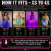 LED Fringe Sequin Dress by Neon Cowboys, a how it fits size guide with fit models showing real customers from size XS to 4X with bust, waist and length measurements, this led fringe sequin dress, led dress and light up dress with a led bodysuit base is space cowgirl and showgirl, go-go dancer and drag stagewear for raves, EDM concerts, festivals and bachelorette parties, Neon Cowboys