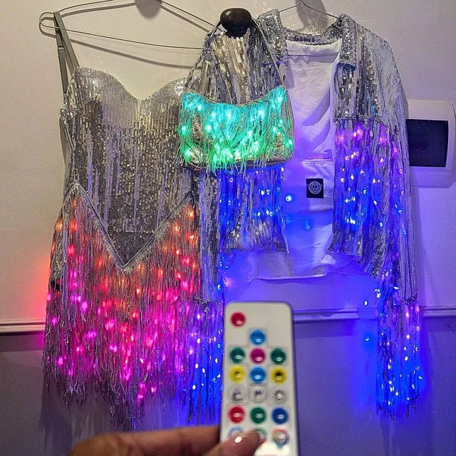 neon dress clothes Light Up LED Dress Sparkling Sequin Fringe XLarge / Silver