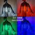 Color options for LED sequin fringe jacket shown on models - Remote-controlled color-changing feature demonstrating red, green, blue, and multi-color settings for customizable concert outfits