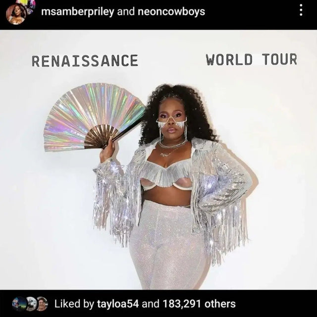 Amber Riley wearing silver LED sequin fringe jacket at Renaissance World Tour - Celebrity styling of illuminated sequin apparel for Beyoncé concert, showing plus size fit and fashion versatility