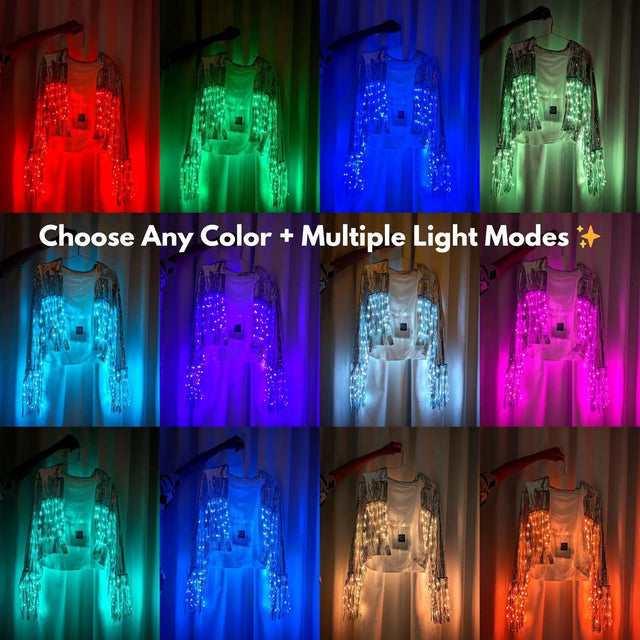 LED Fringe Jacket by Neon Cowboys, a color options grid showing the light up sequin fringe jacket in red, green, blue, purple and pink with multiple light modes, this led fringe jacket, sequin fringe jacket and disco cowgirl jacket is a versatile light up jacket and led costume for go-go dancers, showgirls and drag performers at raves, EDM concerts, festivals and bachelorette parties, Neon Cowboys
