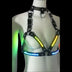 LED Halter Harness lit up in green, yellow and blue — a made-to-order color-changing halter harness bra with choker collar and heart hardware, for rave, burlesque and stage.