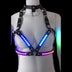 LED Halter Harness glowing in blue and purple — a color-changing light-up triangle halter bralette with black patent straps and silver O-rings, for raves, festivals and performers.