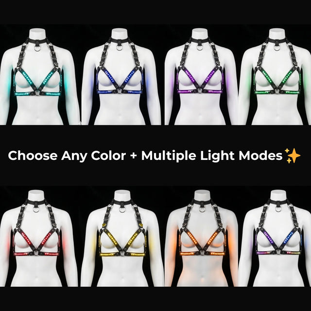 LED Halter Harness in 8 color options — a color-changing light-up triangle harness bra with multiple light modes for festivals, raves and performers.