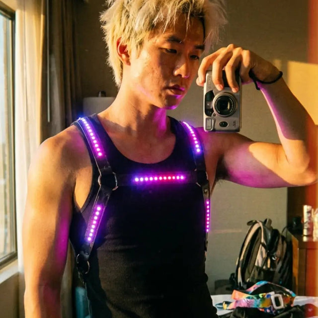 LED Harness by Neon Cowboys, a purple and pink color changing light up harness worn over a black tank top, this neon led harness for men is favorite stagewear for go-go dancers, burlesque performers, drag and cabaret shows and festival dancers at raves, EDM concerts, Pride and club nights, Neon Cowboys