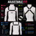 LED Harness by Neon Cowboys, an adjustable fit guide for the light up harness showing shoulder, chest and side strap measurements with a one size fits most design, this neon led harness for men adjusts easily for go-go dancers, drag and rave performers wearing it as stagewear at festivals, EDM concerts, Pride and club nights, Neon Cowboys