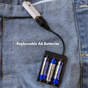LED Jacket Battery Pack Detail - Replaceable AA Batteries for Galaxy Denim Jacket - Power Source for Light Up Fashion Technology