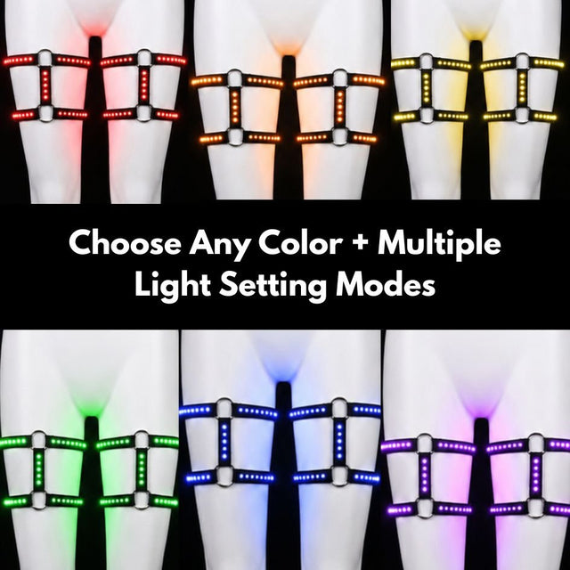 Grid showing the LED leg harness glowing red, orange, yellow, green, blue and purple with multiple light-setting modes, a Neon Cowboys color-changing light up harness and led harness set, choose any color, go-go and drag stagewear for raves and festivals, Neon Cowboys