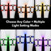Grid showing the LED leg harness glowing red, orange, yellow, green, blue and purple with multiple light-setting modes, a Neon Cowboys color-changing light up harness and led harness set, choose any color, go-go and drag stagewear for raves and festivals, Neon Cowboys