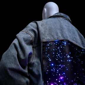 LED Denim Jacket Side View - Galaxy Light Up Panel on Jean Jacket - Festival Outfit with Color Changing Lights - Star Space Cowgirl Levis Denim Cool 