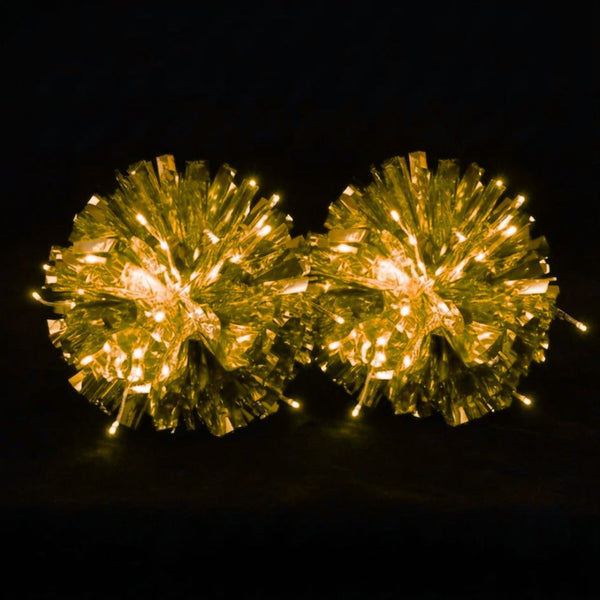 Gold light-up LED pom poms lit up — metallic majorette, cheer & dance team pom poms