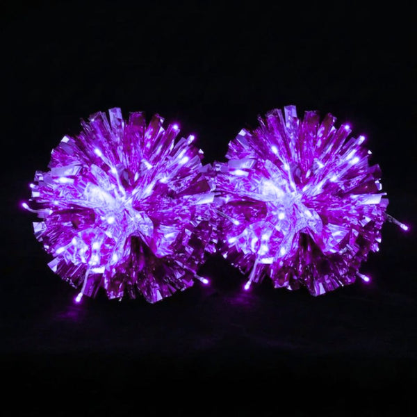 Purple light-up LED pom poms glowing — metallic cheer, dance & majorette team pom poms