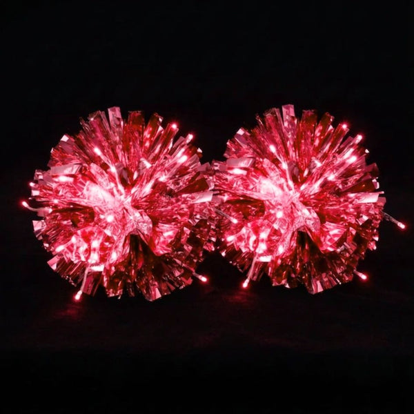 Red light-up LED pom poms with the lights on — metallic majorette, cheer & dance team pom poms