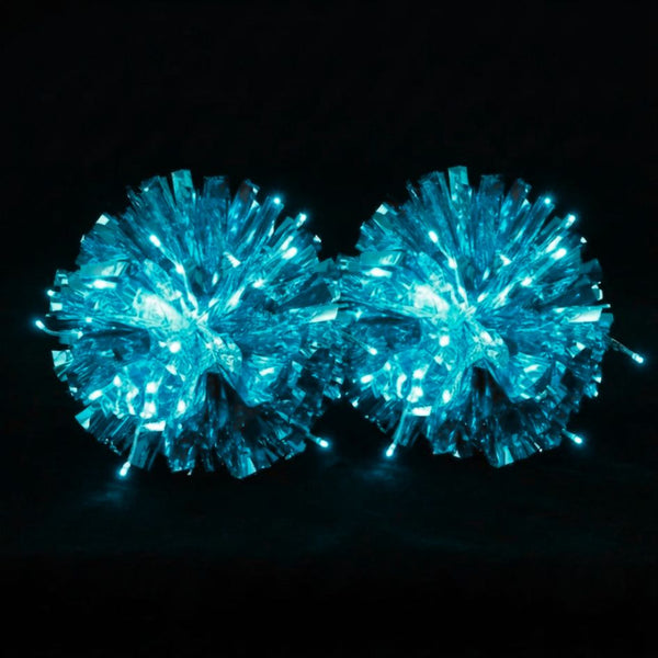 Teal metallic light-up LED pom poms lit up — custom cheerleading, dance team & pom squad pom poms