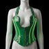 Neon Cowboys green LED light-up PVC halter corset with bright neon-green glowing wire piping along the boning, zip-front sweetheart halter on a mannequin — made-to-order light-up go-go and cyberpunk corset for club dancers, alien and fairy rave cosplay and neon Halloween costumes, glowing rave wear by Neon Cowboys