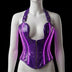 Neon Cowboys purple LED light-up PVC halter corset with vivid magenta glowing neon-wire piping along the boning, zip-front sweetheart halter on a mannequin — made-to-order light-up drag and nightclub corset for Pride performers, witchy gothic looks and galaxy bachelorette parties, glowing club wear by Neon Cowboys