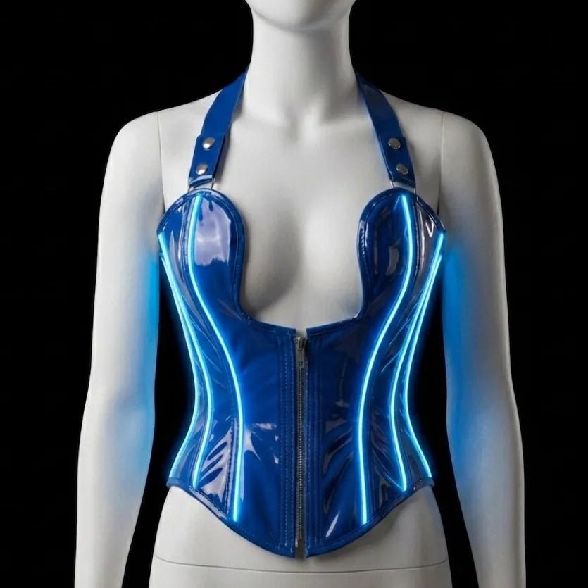 Neon Cowboys blue LED light-up PVC halter corset with electric-blue glowing neon-wire piping along the boning, zip-front sweetheart halter on a mannequin — made-to-order light-up rave and EDM festival corset for cyber ravers, ice-queen and mermaid cosplay and Coachella outfits, glowing festival wear by Neon Cowboys