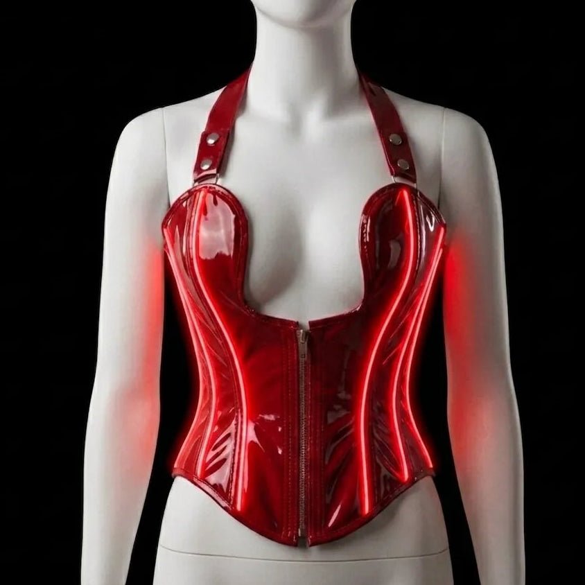 Neon Cowboys red LED light-up PVC halter corset with glowing red neon-wire piping along the boning, zip-front sweetheart halter on a mannequin — made-to-order light-up burlesque and cabaret corset for pin-up showgirls, vampy Valentine's looks and gothic devil cosplay, glowing stagewear by Neon Cowboys