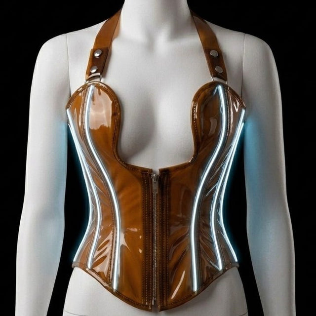 Neon Cowboys amber clear PVC LED halter corset on a mannequin with white LED wires glowing along the boning, light up corset stagewear for go-go dancers, burlesque performers and drag showgirls at raves, EDM festivals and nightclub performances, Neon Cowboys