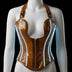 Neon Cowboys amber clear PVC LED halter corset on a mannequin with white LED wires glowing along the boning, light up corset stagewear for go-go dancers, burlesque performers and drag showgirls at raves, EDM festivals and nightclub performances, Neon Cowboys