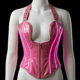 Pink LED light-up PVC halter corset with glowing neon piping on mannequin - Neon Cowboys made-to-order