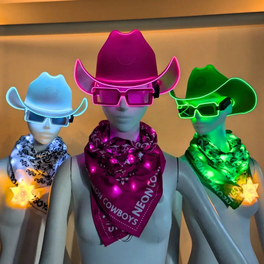 LED Neon Cowboy Hat Collection - White, Pink and Green Light Up Cowgirl Hats with Matching Glow Bandanas - Festival Outfit Halloween Costume Bachelorette Party Look Sheriff Badge