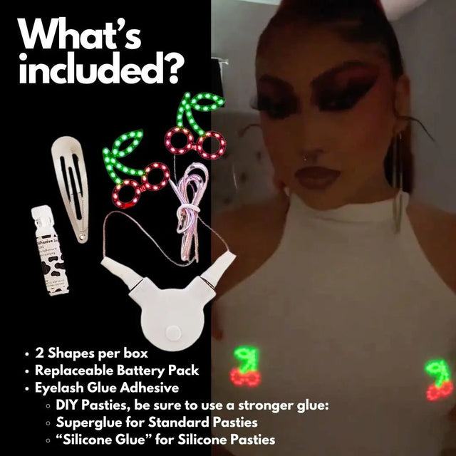 LED Pasties Package Contents - What's Included with Light Up Cherry Nipple Covers - Costume Breast Jewelry and Accessories for Burlesque, Las Vegas, Dance Performers