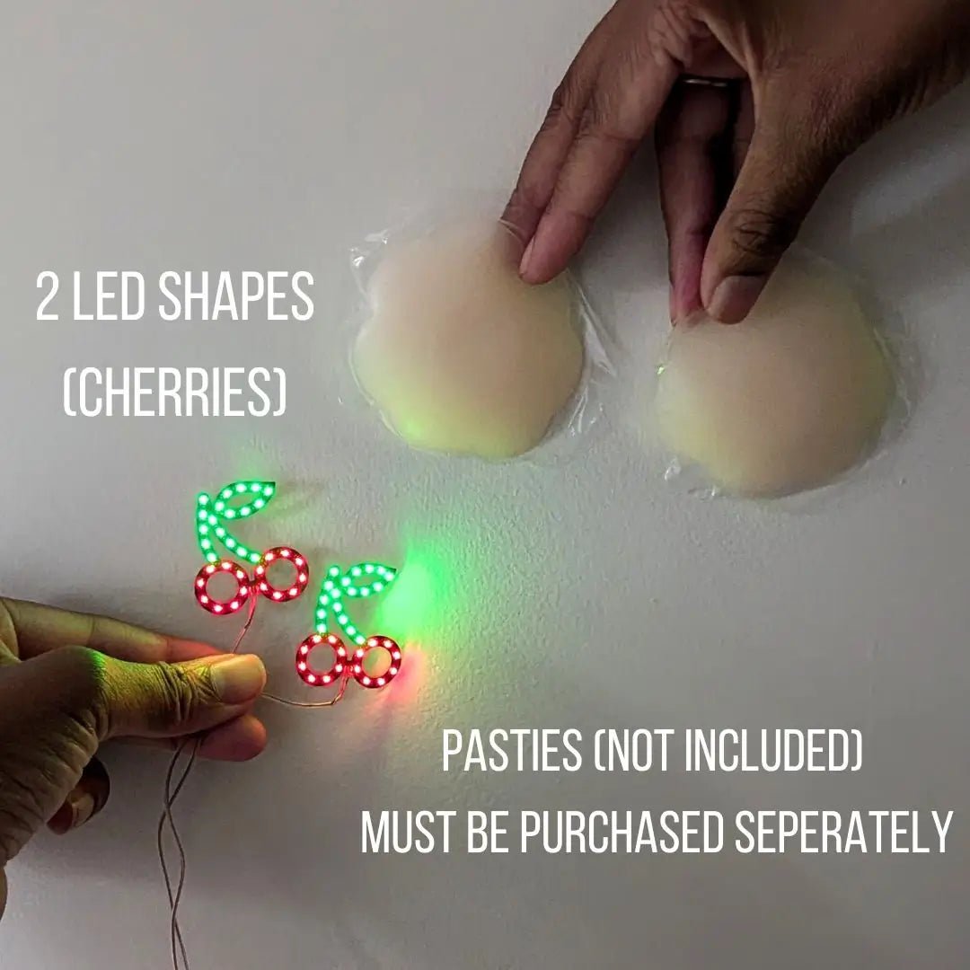 Green and Red LED Pasties in Cherries Shape - Cherry Light Up Nipple Covers - Glowing Breast Jewelry for EDM Parties, Raves, Halloween Costumes and Burlesque Dance Performers