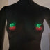 Glowing red and green LED cherry pasties on a mannequin — light-up cherry nipple covers by Neon Cowboys