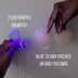 Two glowing purple LED heart shapes next to silicone pasties — light-up heart nipple covers you glue onto any pasties or bra