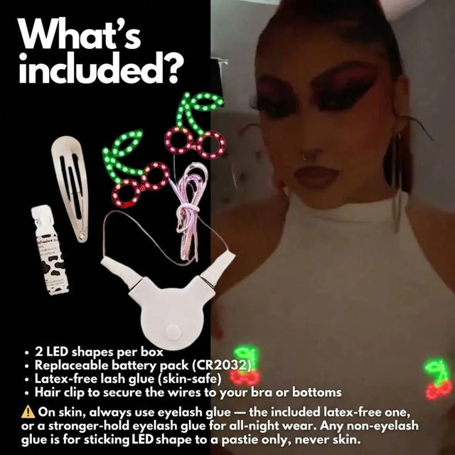 What's included with LED cherry pasties: two light-up cherry LED shapes, a replaceable CR2032 battery pack, skin-safe latex-free lash glue, and a hair clip to secure the wires