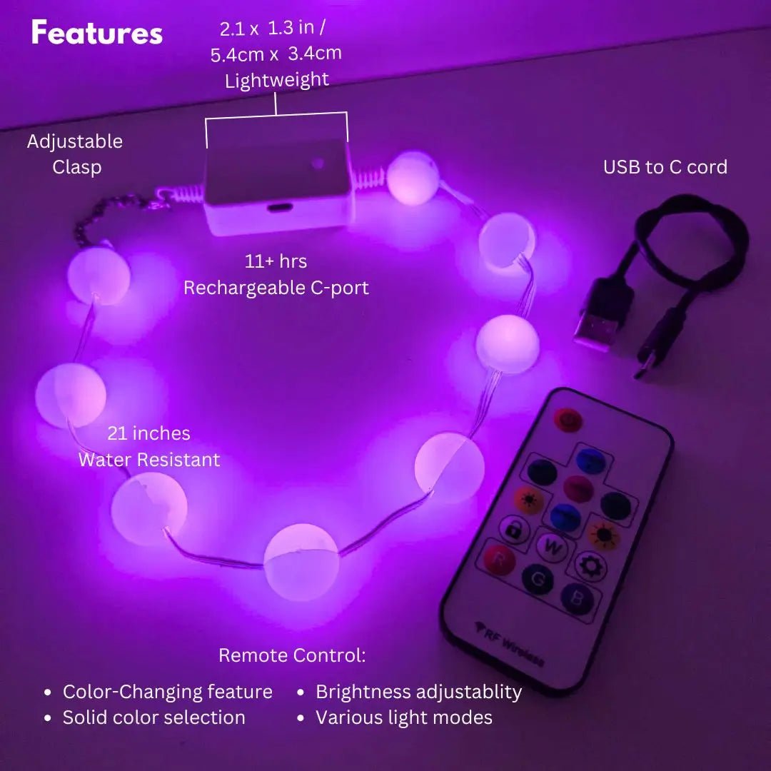 LED Pearl Ball Necklace Features and Remote Control - Color Changing Sphere Beads for EDC Raves - Glowing Party Favors for Music Festival Concert Groups and Fun Corporate Events