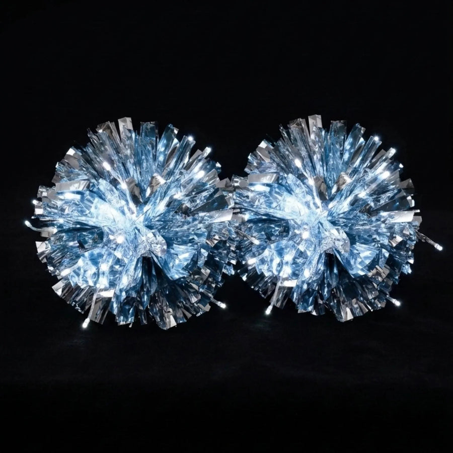 Silver metallic light-up LED pom poms glowing with white lights — custom cheer, dance & majorette pom poms