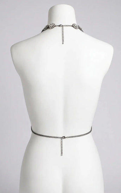 Back view of the LED Rhinestone Body Chain on a mannequin — adjustable crystal chain body harness for showgirls, burlesque, drag, festival, rave & Las Vegas performers