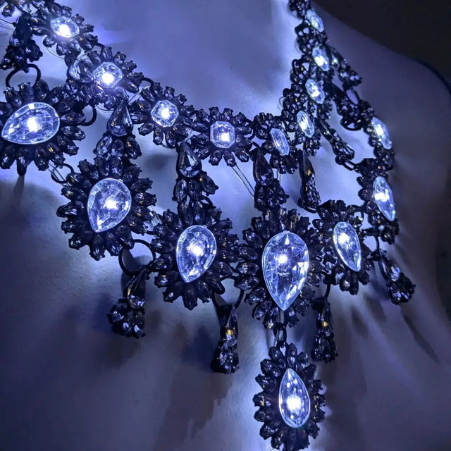 Cool white LED Rhinestone Body Chain close-up - Detailed view of crystal-encrusted illuminated jewelry for luxury nightlife fashion