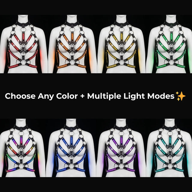 LED Rib Cage Harness in 8 color options (red, orange, yellow, green, blue, purple, teal) — a color-changing light-up cage body harness with multiple light modes.
