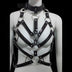 LED Rib Cage Harness with lights off — black patent rib-cage-style body harness with silver O-rings and choker collar, a made-to-order cage harness for rave, burlesque and stage.