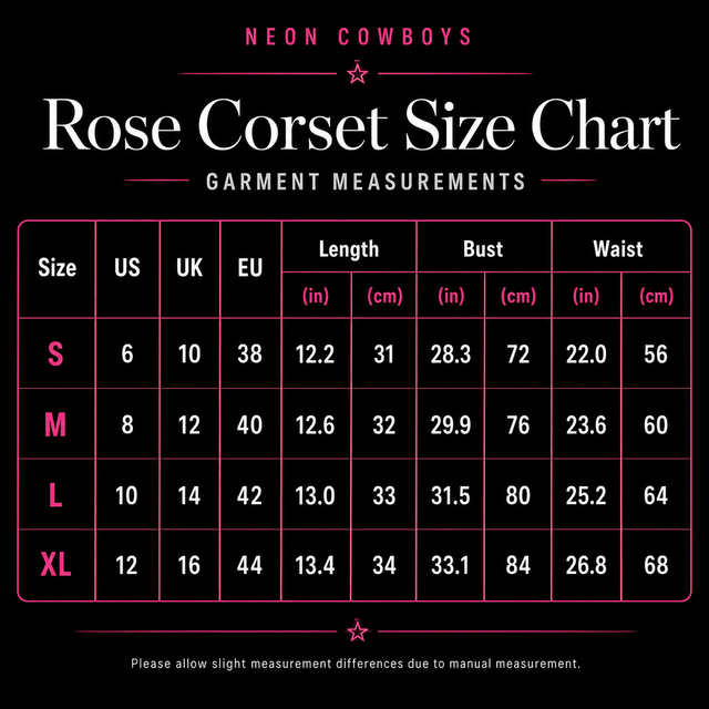 A rose corset size chart listing length, bust and waist measurements for sizes S to XL, a fit guide for this light up corset and LED rose corset stagewear for go-go dancers, burlesque performers and festival dancers at raves and music festivals, Neon Cowboys sizing, Neon Cowboys