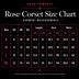A rose corset size chart listing length, bust and waist measurements for sizes S to XL, a fit guide for this light up corset and LED rose corset stagewear for go-go dancers, burlesque performers and festival dancers at raves and music festivals, Neon Cowboys sizing, Neon Cowboys