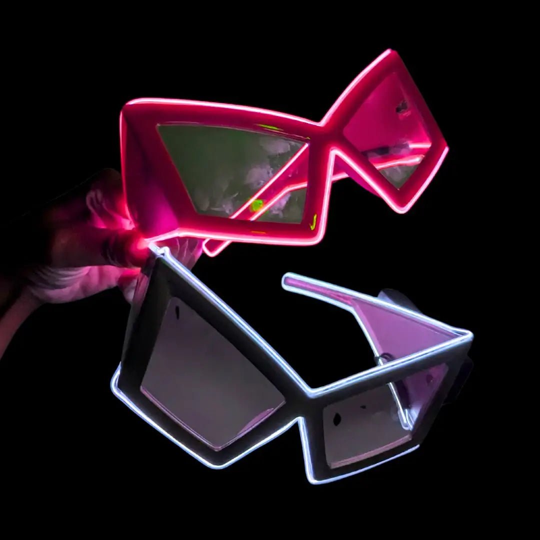 LED Space Sunglasses with Pink Geometric Design - Light Up Space Cowgirl Eyewear - Illuminated Festival Glasses for Halloween and Cosmic Parties