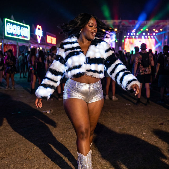 Black and white zebra stripe faux fur crop jacket glowing white LED on a mannequin, a light up couture festival coat and led costume for go-go dancers and rave performers, a bold stagewear layer for EDC, Halloween and music festivals, Neon Cowboys
